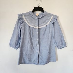 Vintage blue cottage core 3/4 sleeve button down top Size M (runs small)